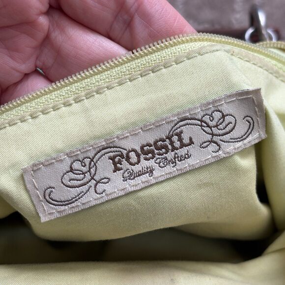 Fossil Fabric Top Clasp Purse Bag Green Pouch Wooden Handle VTG Boho Y2K - Picture 5 of 12